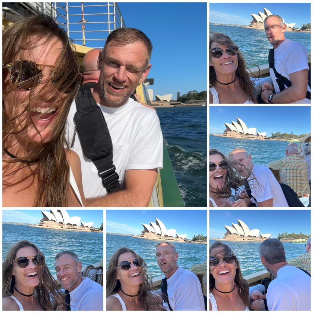 A collage of two smiling people on a ferry with the Sydney Opera House in the background, enjoying a sunny day on the water.