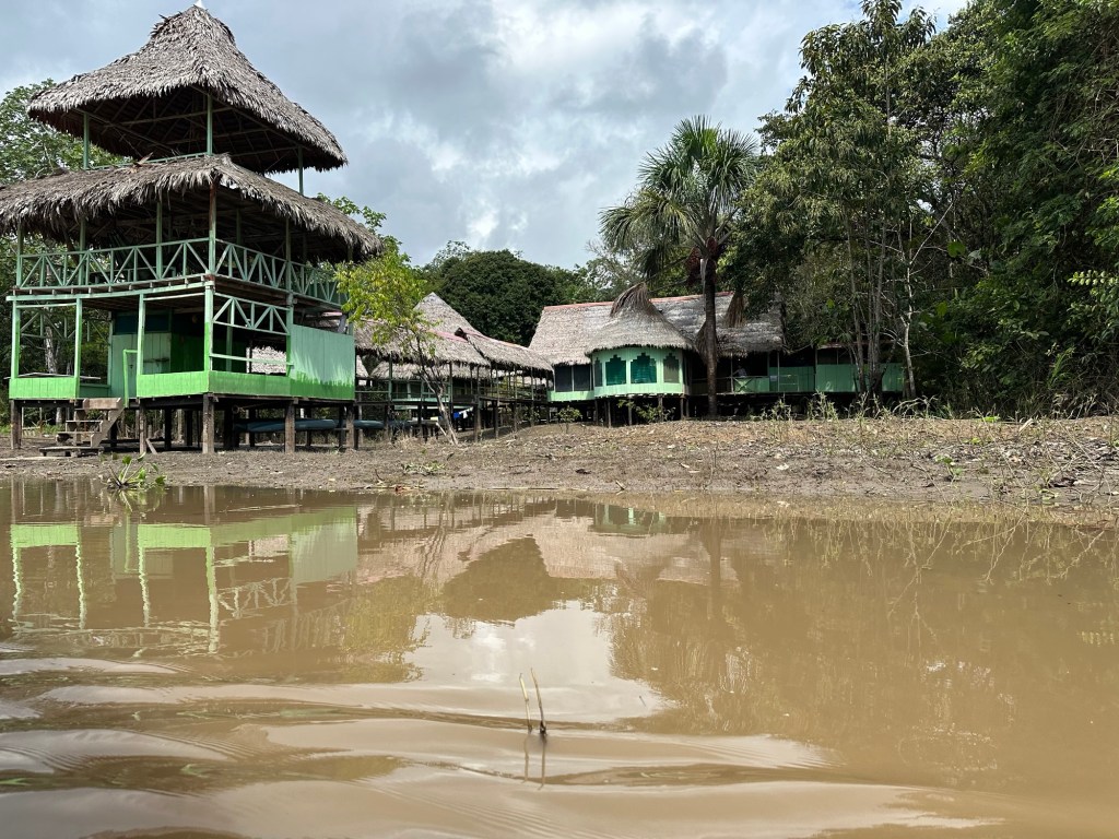 View of a lodge in the Amazon jungle with wooden structures and grass roofs, reflected in the muddy water in front.