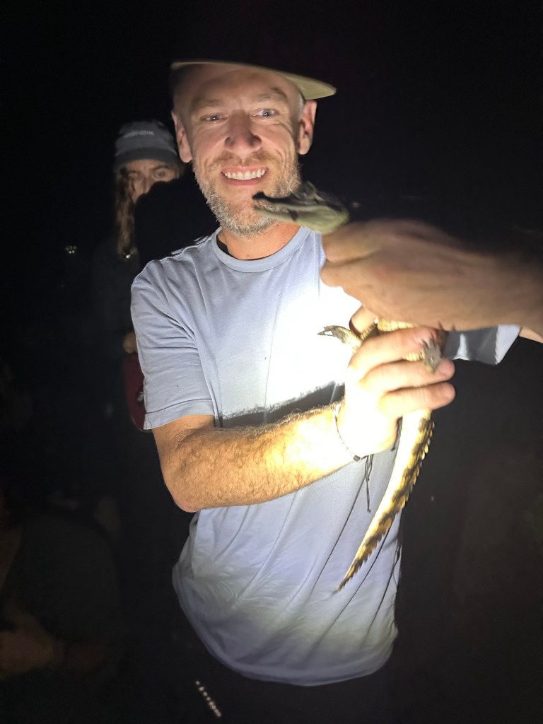 A person smiling while holding a small caiman, illuminated by a flashlight in a dark setting.